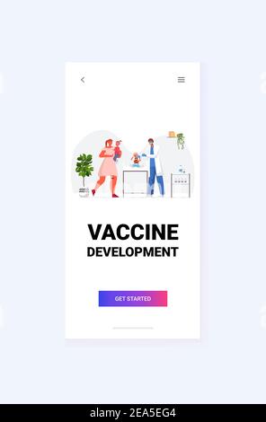 medico di famiglia in maschera vaccinare il paziente bambino a combattere contro sviluppo vaccino coronavirus concetto di campagna di immunizzazione medica lunghezza intera verticale illustrazione vettoriale Illustrazione Vettoriale