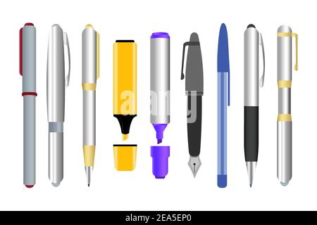 Set di penne su sfondo bianco Illustrazione Vettoriale