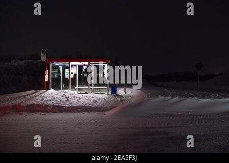 Himbergen, Germania. 8 febbraio 2021. Una fermata dell'autobus coperta di neve si illumina nelle prime ore del mattino. In bassa Sassonia, si prevede inizialmente che la nevicata si attenuerà di notte fino a lunedì - ma si prevede che nuovi fiocchi si sposteranno dal sud nelle ore mattutine. Credit: Jonas Walzberg/dpa/Alamy Live News Foto Stock