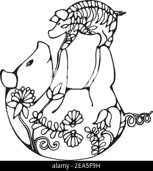 I maiali carini stanno facendo yoga di coppia. Maiale con un bambino nell'ornamento. Illustrazione Vettoriale