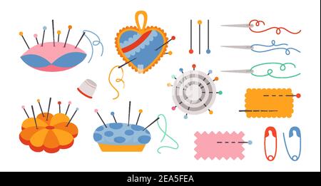 Set di cartoni animati cucito a letto d'ago. Aghi, perni nel cuscino. Utensili per agugliatura. Moda design, dressmaking, laboratorio di cucito, hobby di concetto di sartoria o lavoro. Illustrazione vettoriale isolata Illustrazione Vettoriale
