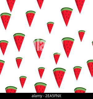 Motivo senza cuciture con fetta di anguria su sfondo bianco. Illustrazione estiva con frutta colorata e carina. Concetto di cibo. Stampa vettoriale per invito Illustrazione Vettoriale