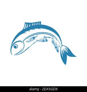 Illustrazione della linea vettoriale del pesce blu isolata su sfondo bianco. Elemento di logotipo per la pesca sportiva o per il deposito di pesce. Icona pesce fresco. Sport hobby, vacanze estive di pesca sul lago o mare. Illustrazione Vettoriale