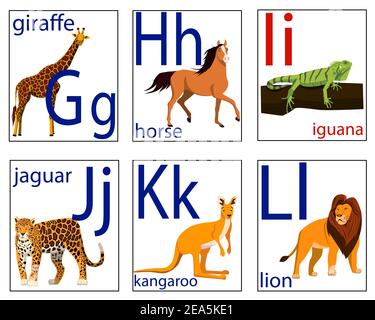 Flashcards per bambini con lettere e immagini di animali per imparare l'alfabeto inglese. Illustrazione Vettoriale