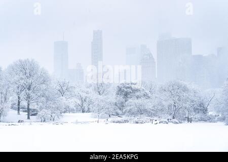 Vista a sud sul lago in Central Park con lo skyline di Manhattan sullo sfondo. Foto Stock