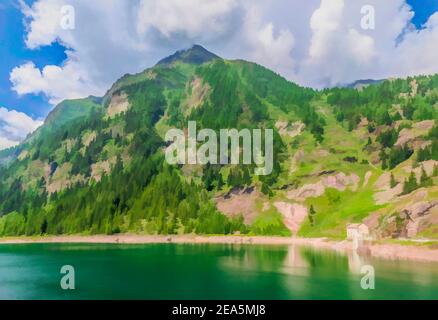 Pittura digitale della Diga Campiccioli in Valle Antrona, Piemonte, Italia. Foto Stock