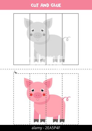 Taglia e colla gioco per i bambini con carino maiale rosa. Pratica di taglio per i preschoolers. Illustrazione Vettoriale