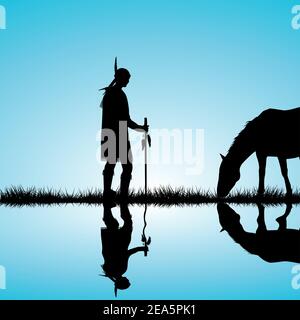 Silhouette indiana americana con cavallo sulla riva di a. lago che si riflette in acqua Illustrazione Vettoriale