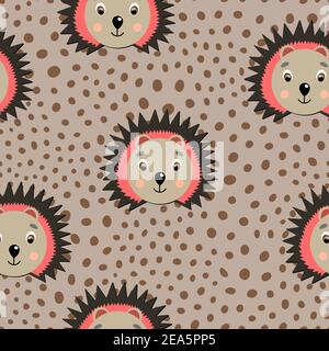 Vector animali piatti illustrazione colorata per i bambini. Motivo senza cuciture con cute hedgehog faccia su sfondo beige polka puntini. Adorabile cartone animato Illustrazione Vettoriale