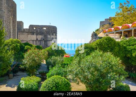 Vista delle mura della città medievale di Dubrovnik, Croazia, con l'Adriatico se vista dietro l'ingresso, con un piccolo parco sotto. Foto Stock