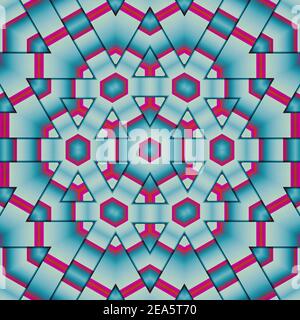 Stock Illustrazione, ornamento indiano nativo, 3D esagonale mandala disegno disegno in rosa e blu verdolino. Desig dettagliato di alta qualità Foto Stock