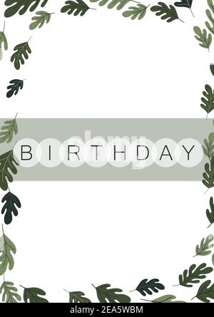 Buon compleanno, festa, saluto festivo e biglietto d'invito. Colorato motivo floreale con foglie di quercia verde su sfondo chiaro. Modello di layout Illustrazione Vettoriale