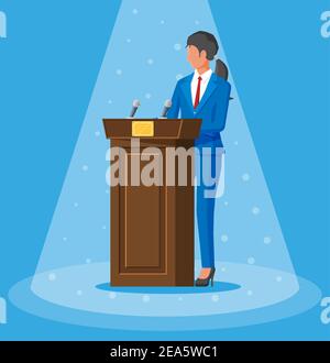 Orator che parla da tribune. Altoparlante pubblico. Rostro in legno con microfoni per la presentazione. Stand, podio per conferenze, conferenze dibattiti. Politiche e scrutinio. Illustrazione vettoriale piatta Illustrazione Vettoriale