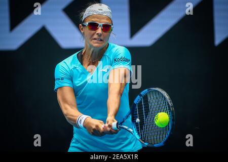 Kirsten Flipkens (WTA 87) ha ritratto in azione durante una partita di tennis tra Flipkens belgi e Williams americana, nel primo round della donna Foto Stock