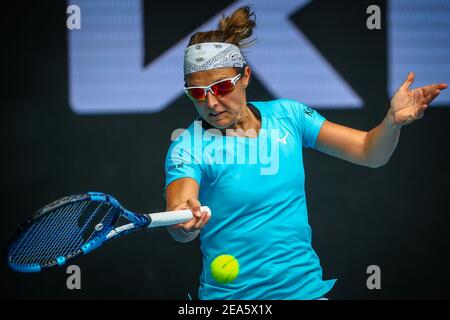 Kirsten Flipkens (WTA 87) ha ritratto in azione durante una partita di tennis tra Flipkens belgi e Williams americana, nel primo round della donna Foto Stock