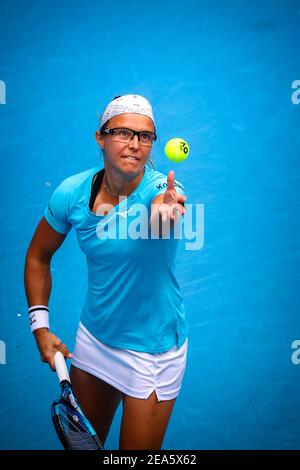 Kirsten Flipkens (WTA 87) ha ritratto in azione durante una partita di tennis tra Flipkens belgi e Williams americana, nel primo round della donna Foto Stock