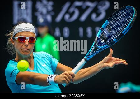 Kirsten Flipkens (WTA 87) ha ritratto in azione durante una partita di tennis tra Flipkens belgi e Williams americana, nel primo round della donna Foto Stock