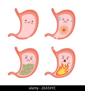 Stomaco sano e mal di stomaco caratteri. Gastrite, indigestione, vomito, problemi di bruciore di stomaco. Illustrazione Vettoriale