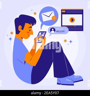 Giovane uomo che utilizza un'illustrazione Vector per smartphone. Illustrazione Vettoriale