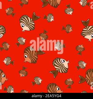 Motivo senza cuciture con pesce carino su sfondo rosso. Cartoni animati vettoriali animali illustrazione colorata. Adorabile personaggio per carte, carta da parati, tessuto Illustrazione Vettoriale