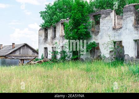 paesaggio estivo con un vecchio edificio in rovina. alberi crescono dalle finestre e tetto della casa Foto Stock