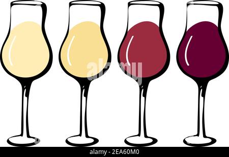 Set di bicchieri da vino - collezione di sillabe a pozze e silhouette di bicchieri. Bicchiere disegnato a mano con vino rosso, bianco, arancio e rosa isolato Illustrazione Vettoriale