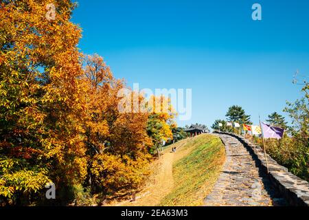 Fortezza di Miryang Eupseong con acero autunnale a Miryang, Corea Foto Stock