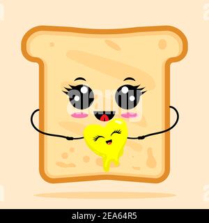 Brindisi felice carino con la forma del burro del cuore. Colazione concetto toast. Illustrazione dei caratteri vettoriali del cartone animato. Illustrazione Vettoriale