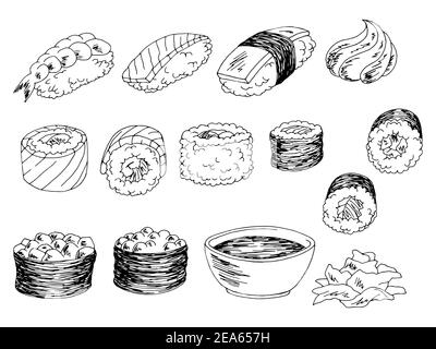 Sushi set grafico nero bianco isolato cibo disegno vettore Illustrazione Vettoriale