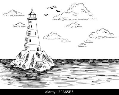 Faro isola mare grafica nero bianco paesaggio illustrazione vettore Illustrazione Vettoriale