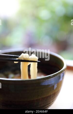 tagliatelle di udon con palla di pesce e tofu su legno sfondo cibo giapponese Foto Stock