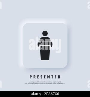 Icona altoparlante. Altoparlante che parla dal podio. Icona formazione, presentazione. Icone di presentazione aziendale. Icona insegnante. Vettore. Interfaccia utente UX neumorfa bianca Illustrazione Vettoriale