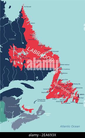 Terranova e Labrador provincia vettore mappa modificabile del Canada con capitale, frontiere nazionali, città e città, fiumi e laghi. Vettore EPS-10 Illustrazione Vettoriale