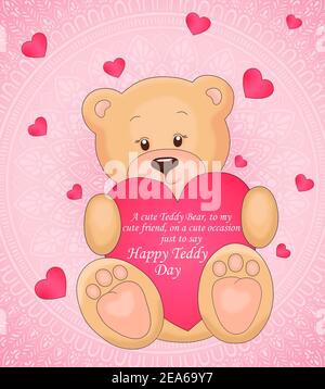 orsacchiotto che tiene un cuore giocattolo nelle sue zampe con citazione , sfondo di cuore rosa e rosso, concetto di carta giorno di san valentino Foto Stock