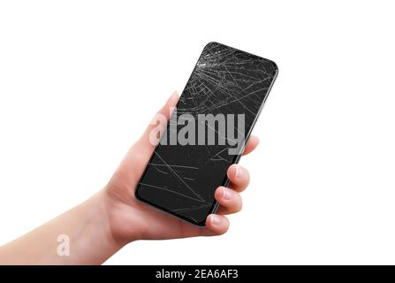 Telefono rotto isolato in mano della donna Foto Stock