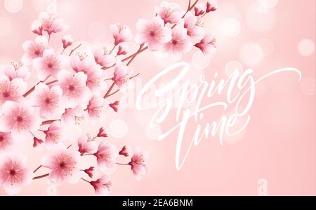 Periodo primaverile splendido sfondo con fiori di ciliegi in fiore primaverile. Ramo Sakura con petali volanti. Illustrazione vettoriale Illustrazione Vettoriale