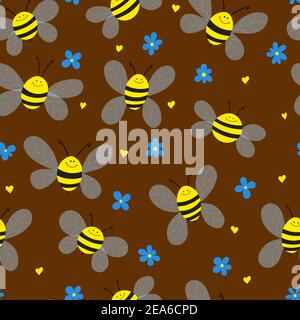 Motivo senza cuciture con api e fiori su sfondo marrone. Adorabili personaggi wasp cartoon. Modello di disegno per invito, schede, tessuto, tessuto Illustrazione Vettoriale