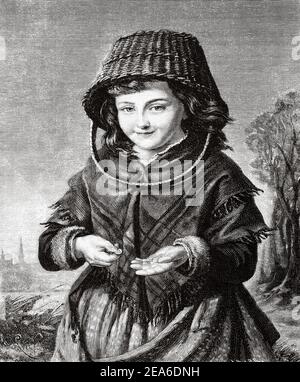 Giovane ragazza vestita nel tipico costume del diciannovesimo secolo torna a vendere nel mercato, Europa. Antica illustrazione del 19 ° secolo inciso da El Mundo Ilustrado 1879 Foto Stock