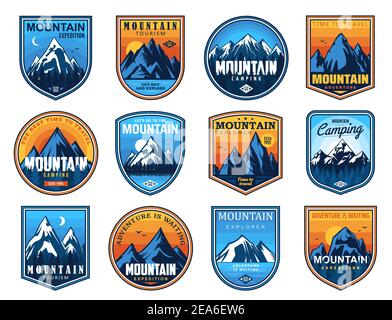 Insieme di icone vettoriali per il turismo di montagna e l'arrampicata su roccia. Rocce cima e cime innevate viaggio emblemi, ripide colline rocciose e creste paesaggio naturale. All'aperto Illustrazione Vettoriale