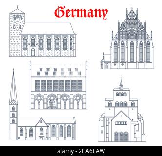 Germania edifici storici, cattedrali e chiese, tedesco viaggio architettura icone vettoriali. San Wilhadi Kirche a Stade, chiesa di Santa Maria a Bielefeld Illustrazione Vettoriale