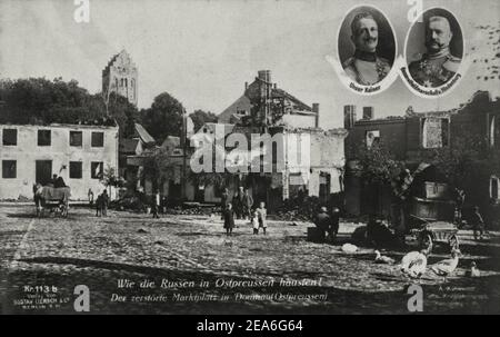 La prima guerra mondiale. Come i russi nella Prussia orientale. La distrutta Piazza del mercato a Domnau (Prussia orientale) Foto Stock