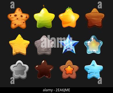 Tarare stelle cartoni animati insieme vettoriale di interfaccia di gioco, ui o gui design. Premio o medaglia di livello superiore, vincita in forma di stella fatta di oro, cristallo, Illustrazione Vettoriale