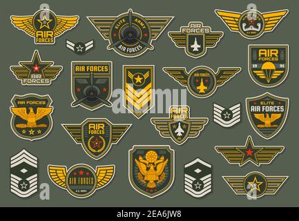 Forze aeree dell'esercito, unità aeree distintivi e scrocchi alati con elica aerea, jet fighter e giogo aereo, ali, stelle e vetto colonnello Illustrazione Vettoriale