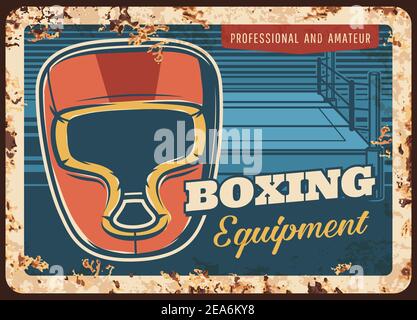 Scatola o boxe metallo piatto arrugginito, attrezzature club lotta sport, vettore vintage poster retrò. MMA kickboxing, boxer ring e maschera di protezione attrezzature, bo Illustrazione Vettoriale