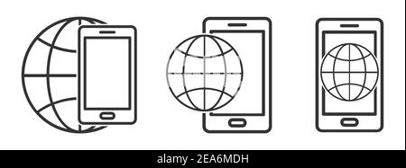 Simbolo pianeta Terra con icona smartphone. Set di icone lineari a globo. Illustrazione vettoriale. Icona del telefono cellulare con simbolo di terra del globo Illustrazione Vettoriale