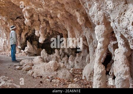 Escursionista al Grotto nel McKittick Canyon, Guadalupe Mountains National Park, Texas, Stati Uniti Foto Stock