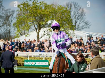 I jockeys al Grand National si fanno strada intorno alla precorsa dell'anello della parata che si tiene annualmente all'Ippodromo di Aintree, vicino a Liverpool, Inghilterra. Foto Stock