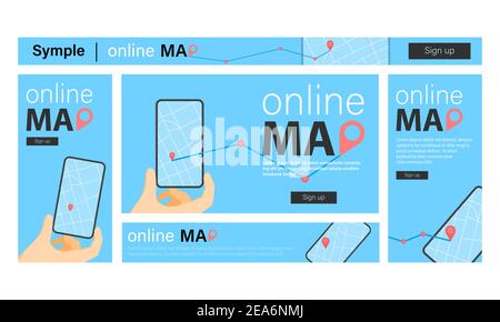 Set di banner mappa online in design blu Illustrazione Vettoriale