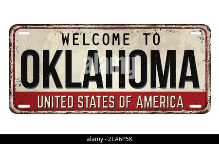 Benvenuti in Oklahoma vintage arrugginito metallo piatto su uno sfondo bianco, illustrazione vettoriale Illustrazione Vettoriale