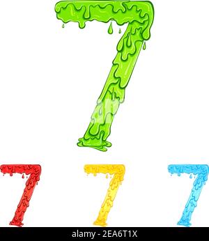 Numero 7 con gocce di flusso e schizzi di goo. Illustrazione a colori del simbolo sette in quattro colori: Verde, rosso, giallo, blu. Gocciolamento di liquido. Font vettoriale nello stile disegnato a mano isolato su sfondo bianco. Illustrazione Vettoriale